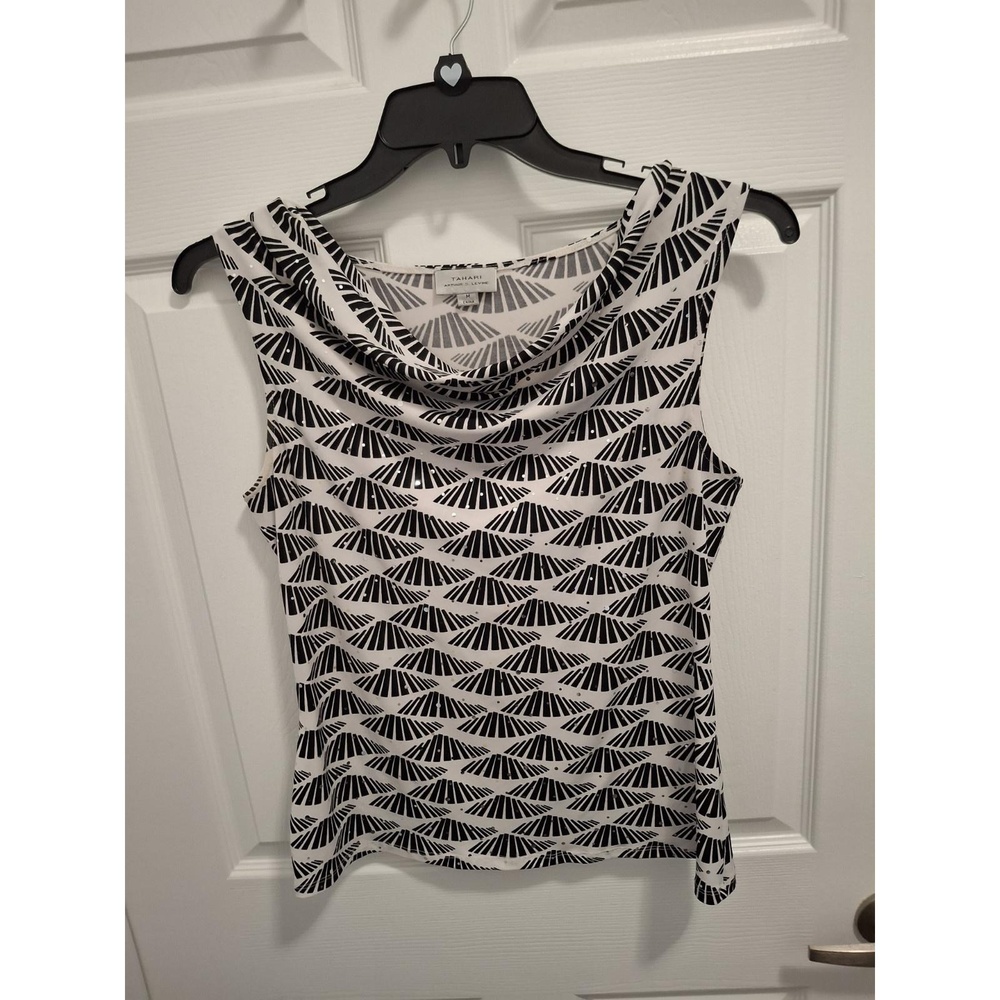 3/$15 Tahari Medium Black White‎ Silver Sequin Cowl Neck Geometric Blouse
